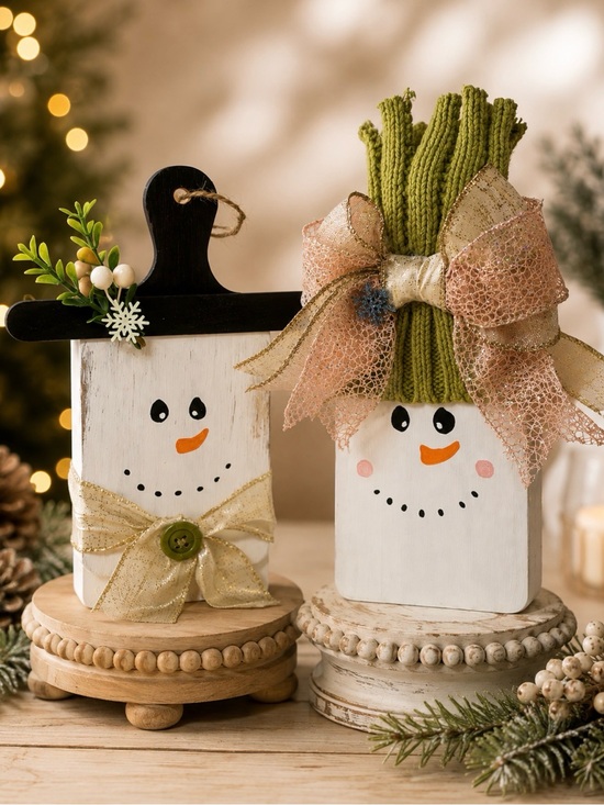 Other - Handcrafted White Snowman Wooden Holiday Decor - Set of 2